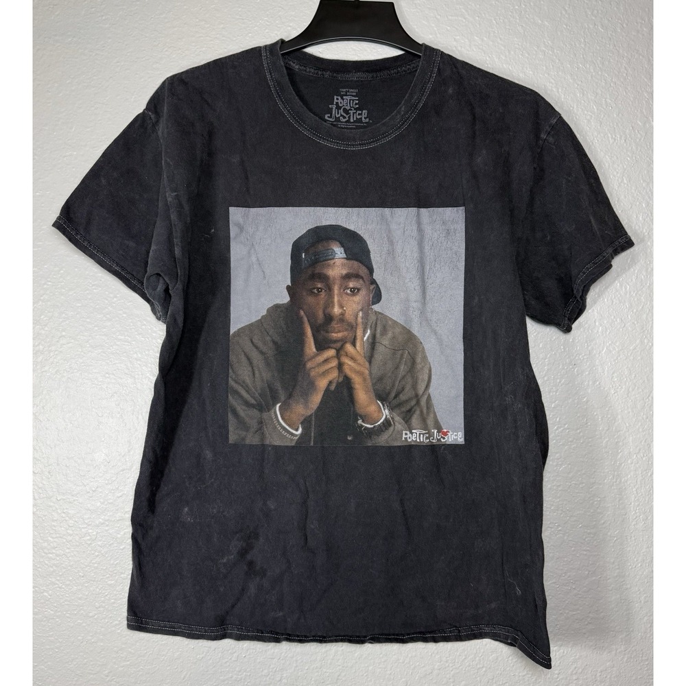 Tupac Poetic Justice Black Graphic Print T-Shirt L Crew Neck Short Sleeve Cotton
